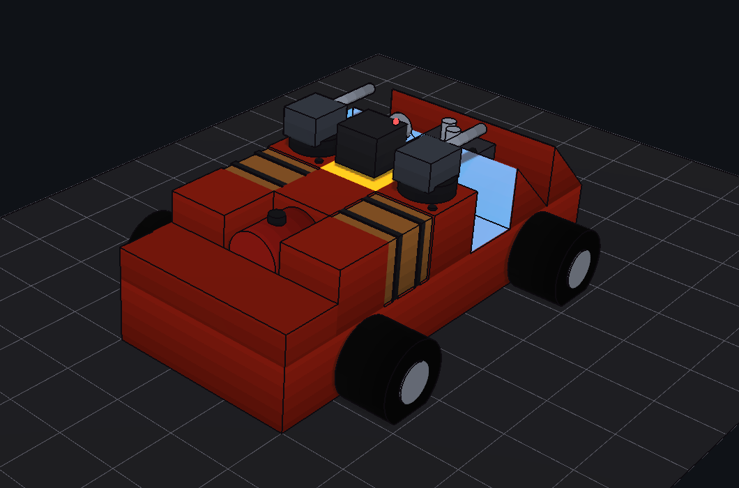 The starter rig in the Garage: red iron frame, two ARs, glass canopy, four tires